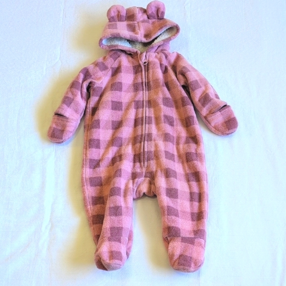 Old Navy Pink Buffalo Plaid Fleece Bunting Suit Bear Ears Size 3-6M Winter